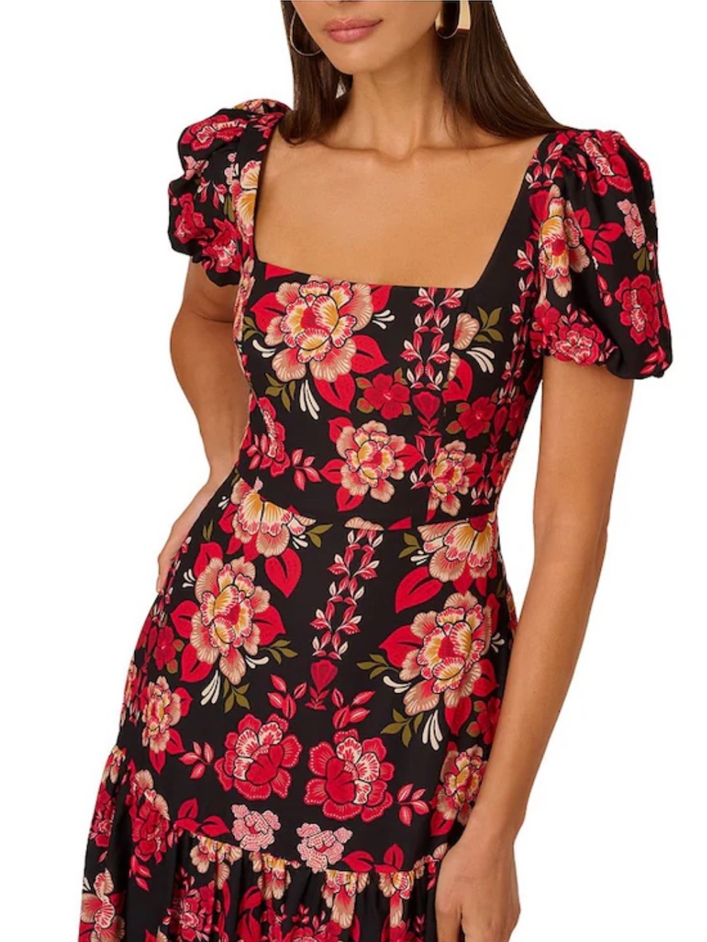 Adrianna Papell Red Floral Print Puff Sleeve Midi Dress - 14 - Picture 6 of 16